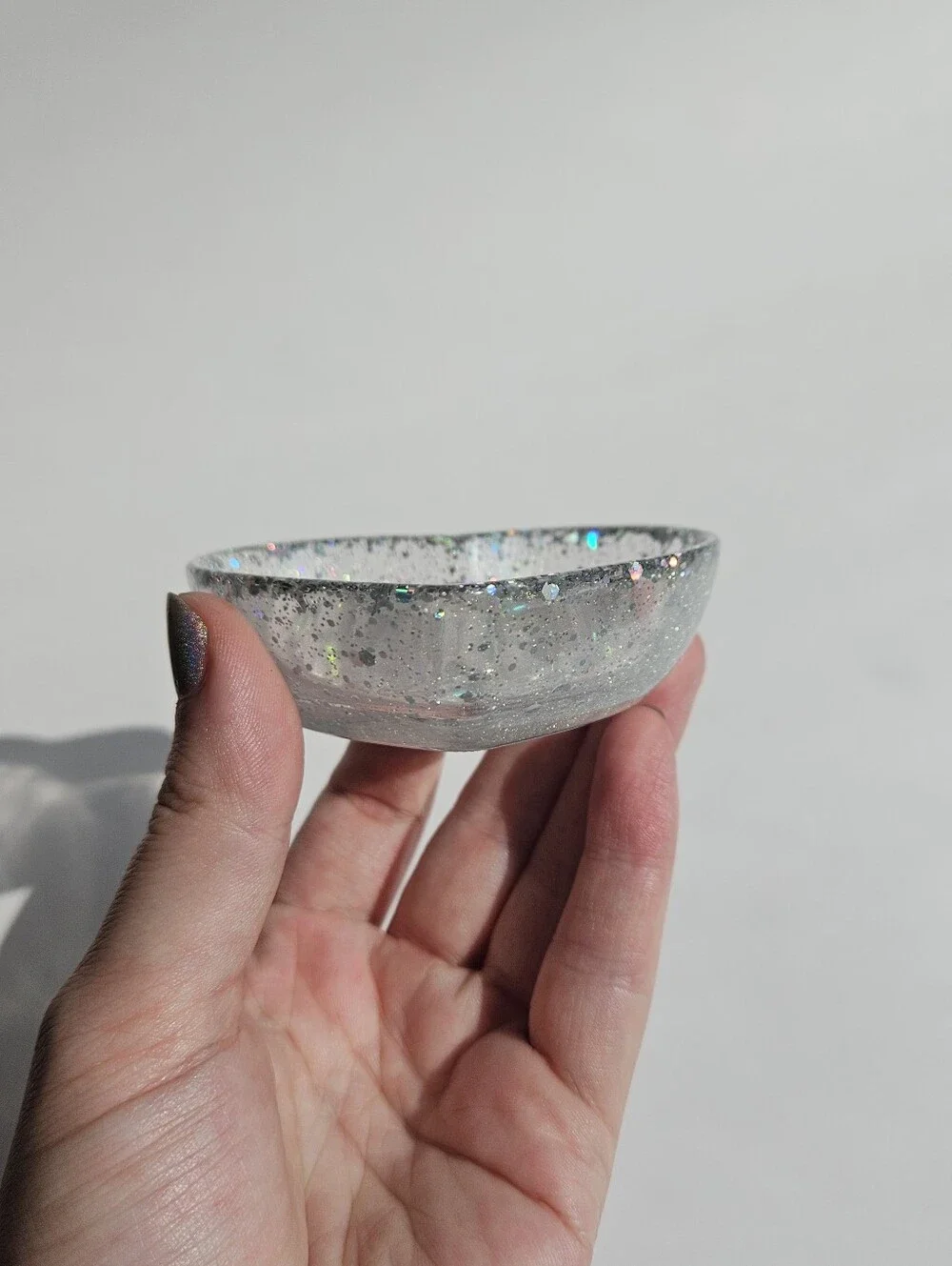 Handmade Holographic Silver Glitter Mini Heart Resin Dish Princess Fairycore Tra